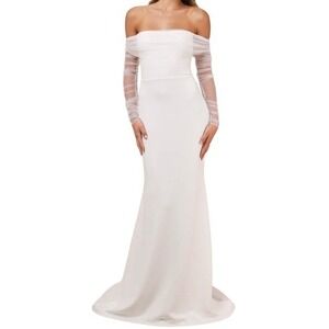 Lulus Off Shoulder Mesh Sleeve Mermaid‎ Gown White Bridal Formal Dress S